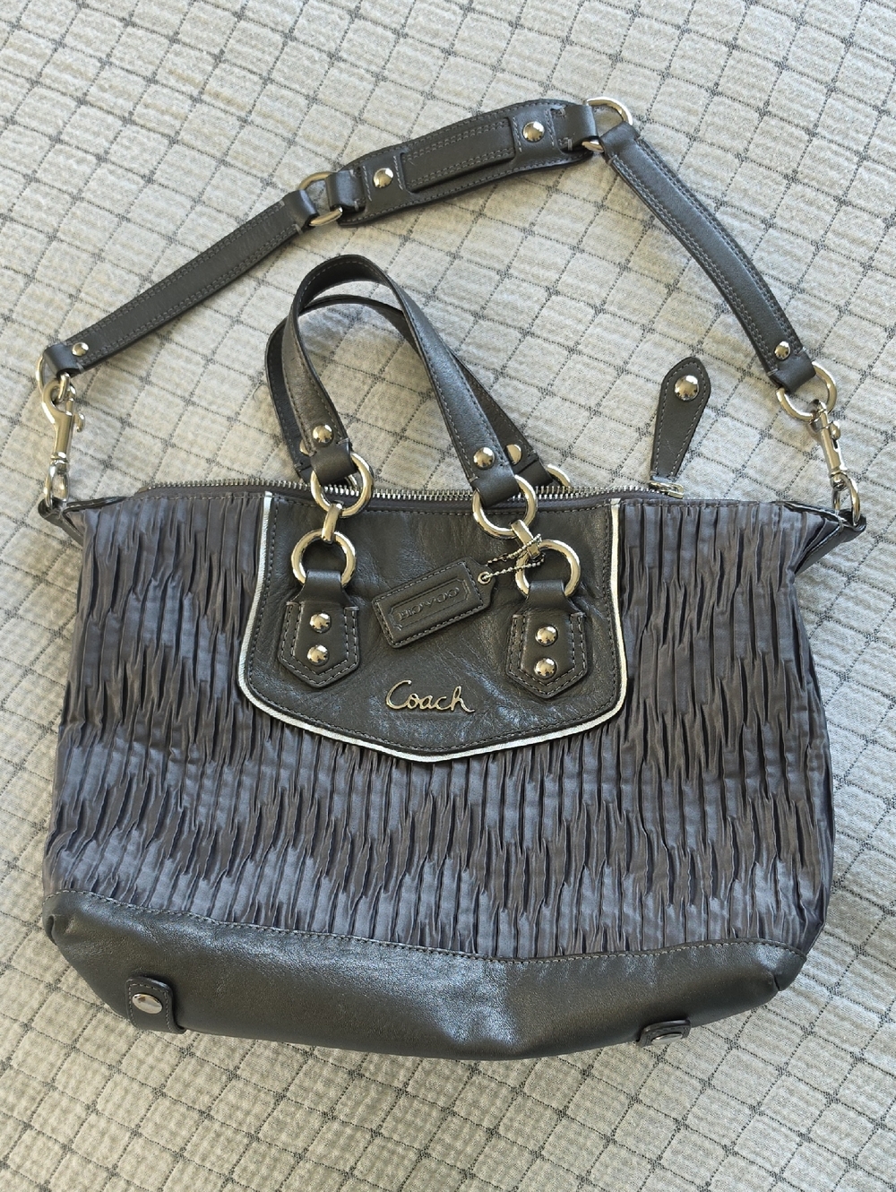 Coach Gray Ruched Leather Satchel with Detachable Strap - Coach